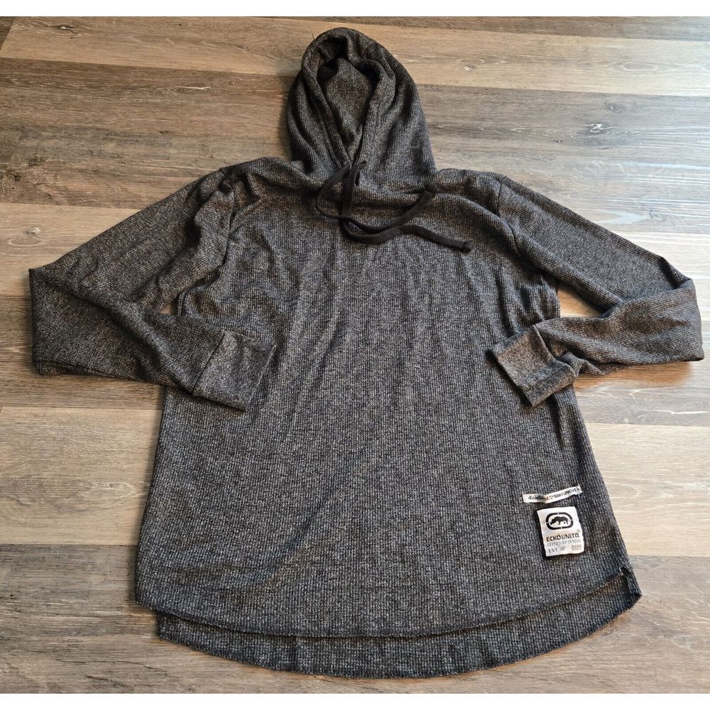 Ecko Unltd Hoodie Mens Med Gray Waffle Knit Pullover Logo‎ Y2K Skate Hip Hop